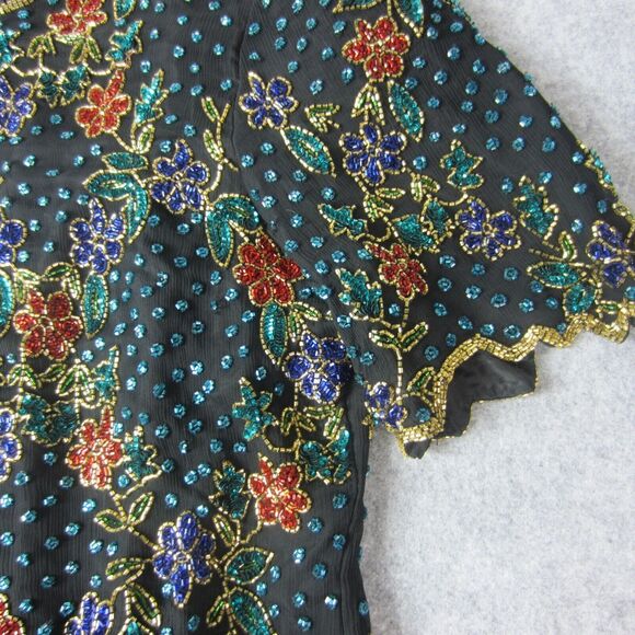 Lawrence Kazar Top Adult Women Beaded Floral  Short Sleeve Blouse Silk 2X Plus - Picture 11 of 16